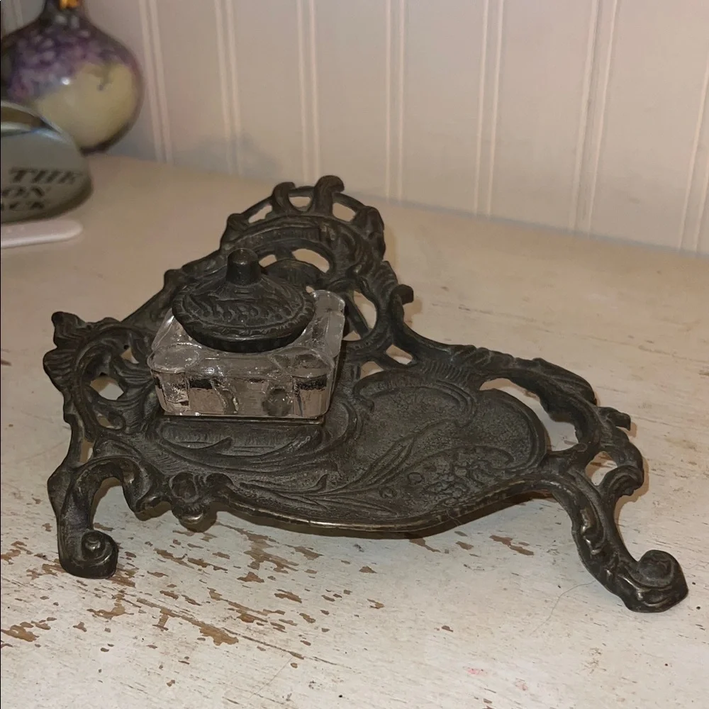 Vintage cast Metal inkwell